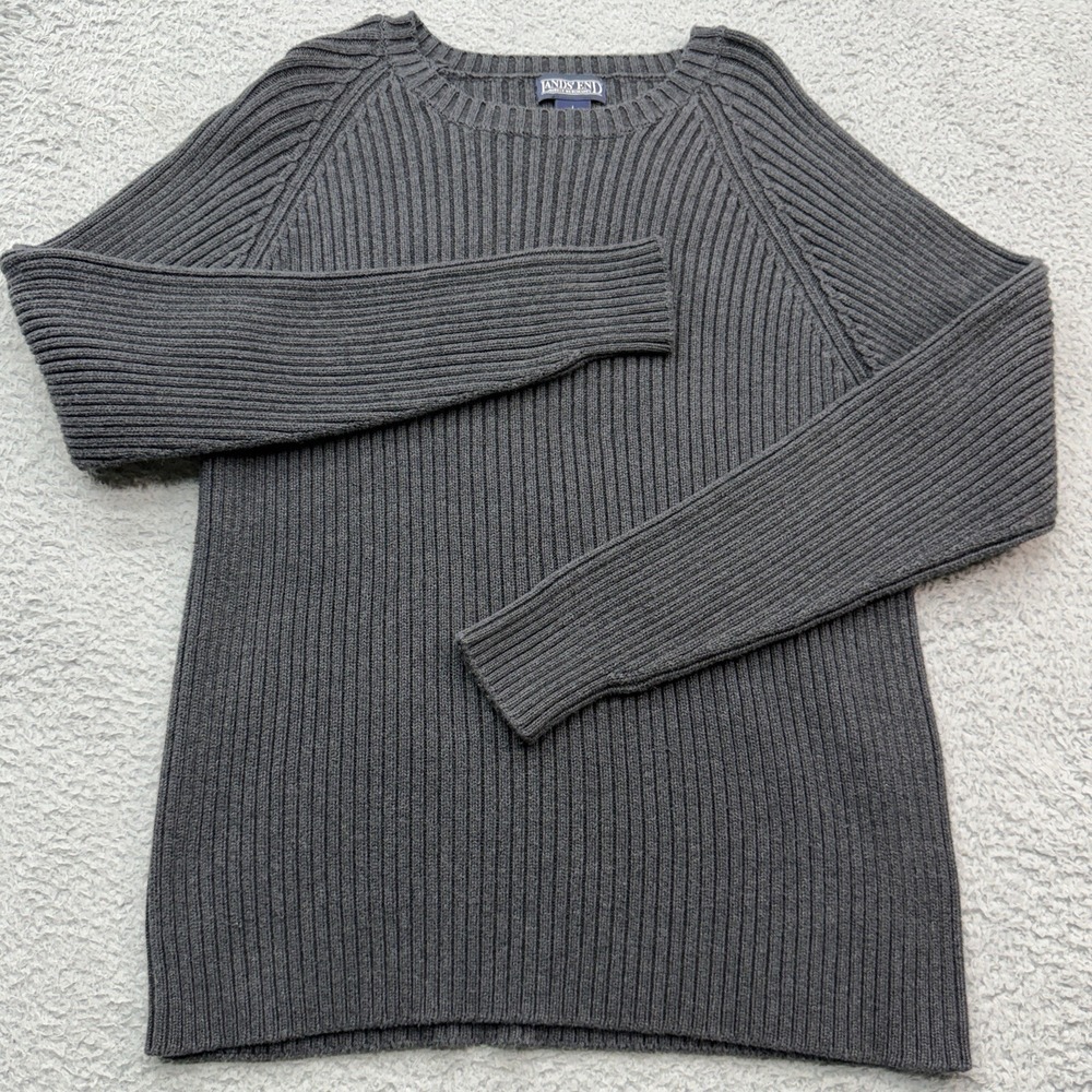 Lands End Ribbed Sweater Mens L 42-44 Gray Vintage Made in USA Cotton Outdoor